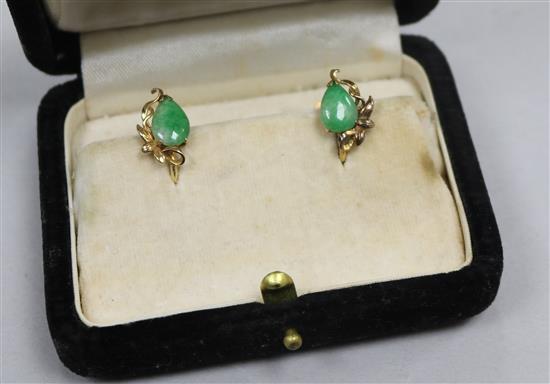 A pair of 14ct gold and jadeite earrings.